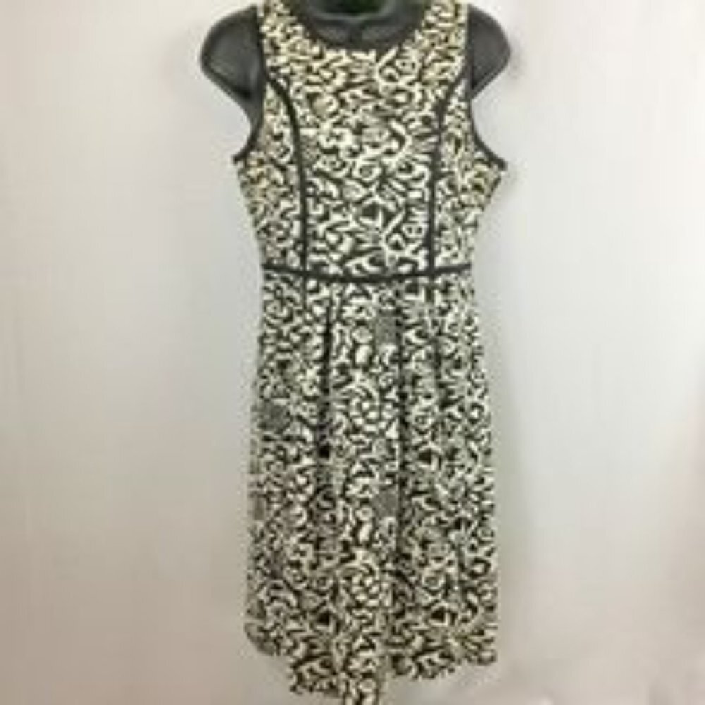 NICHOLE MILLER Cream & Black Princess Gored Dress Faux Leather Trim Med. NWOT
